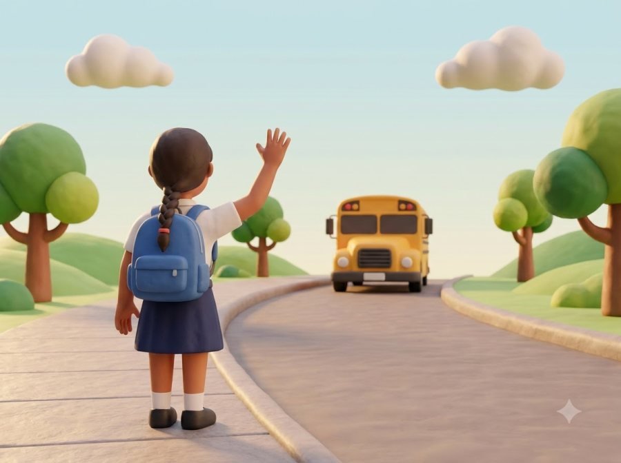 A schoolgirl with a backpack waving at her school bus arriving on a tree-lined road