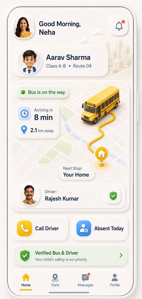 The SchoolTrack parent app showing a bus arriving in 8 minutes, 2.1 km away, with the driver name and a live map to the child's home stop